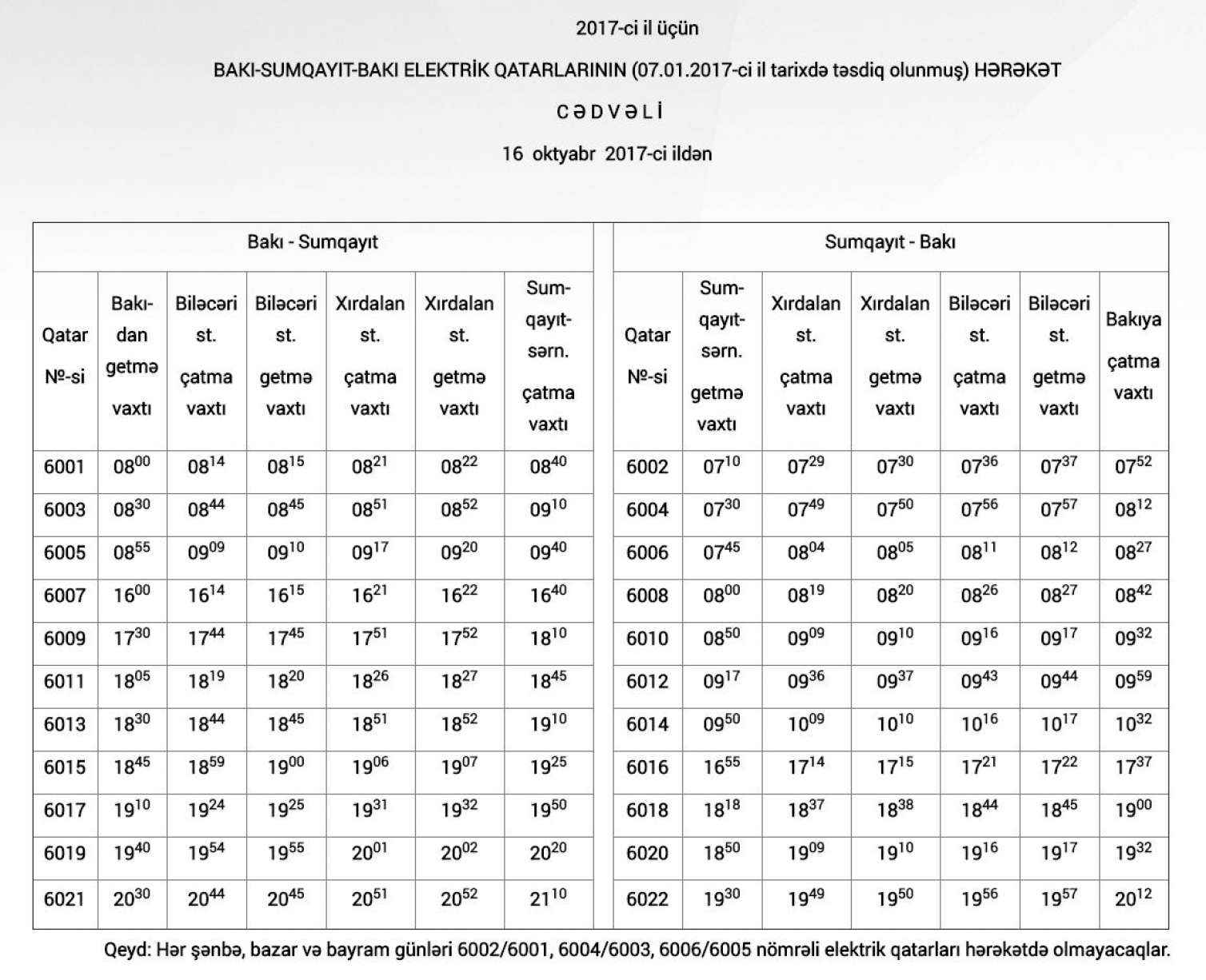 Bakı-Sumqayıt qatarının yeni hərəkət cədvəli 