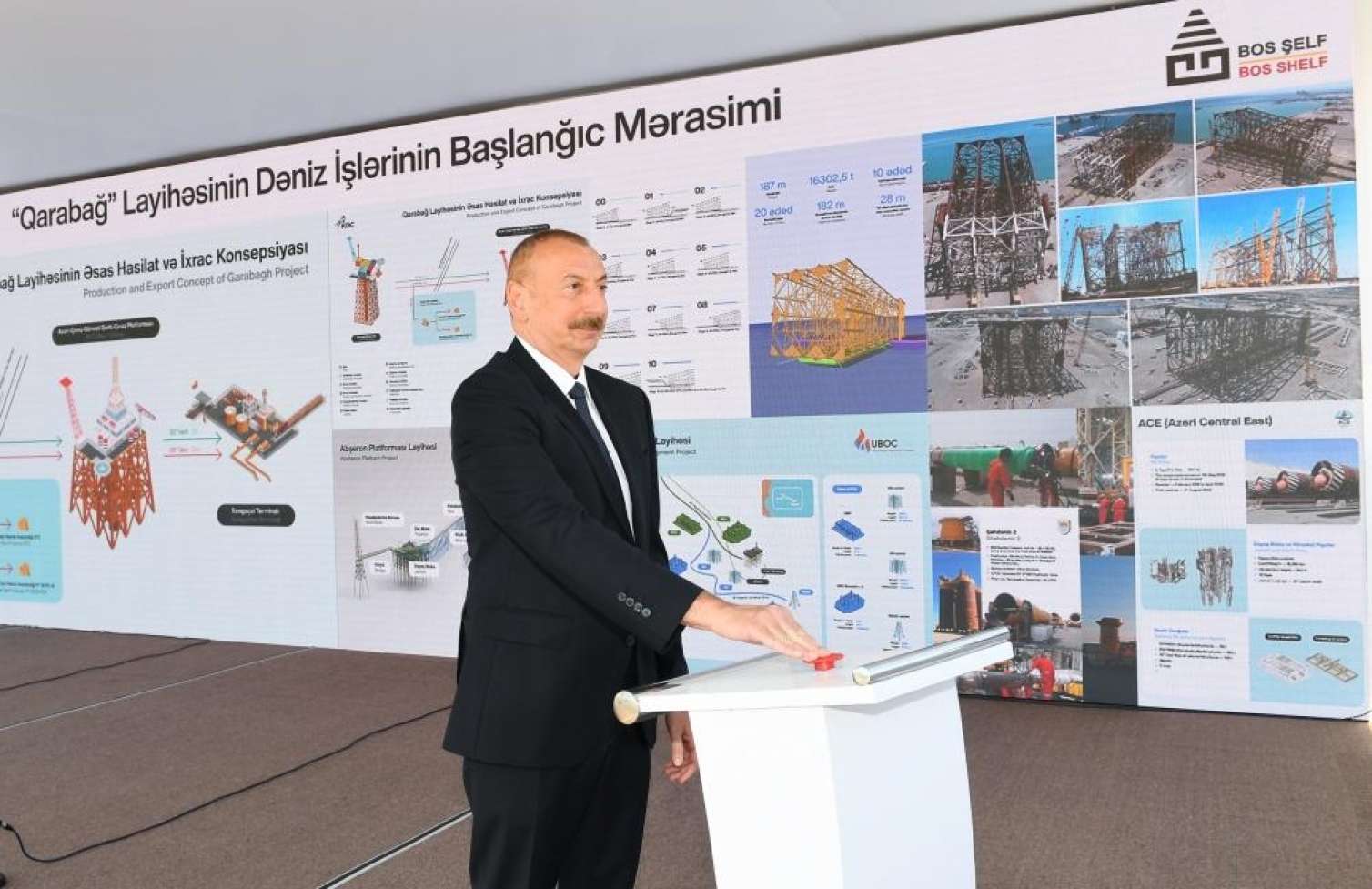 Prezident “Qarabağ” yatağının dayaq blokunun dənizə yola salınması mərasimində iştirak edib  - FOTOLAR