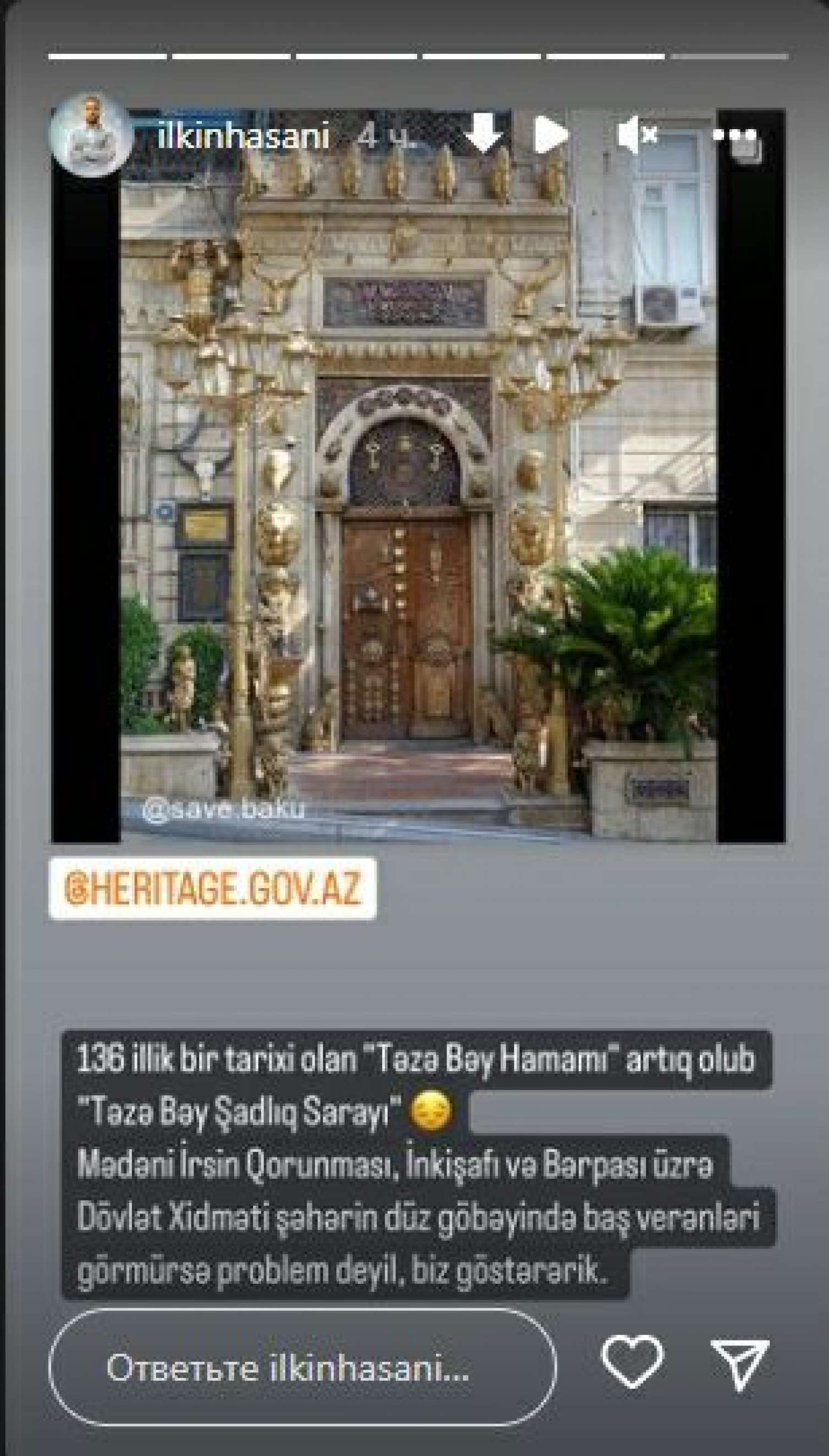 İlkin Həsənidən tarixi hamamda edilən dəyişikliyə REAKSİYA - FOTO 