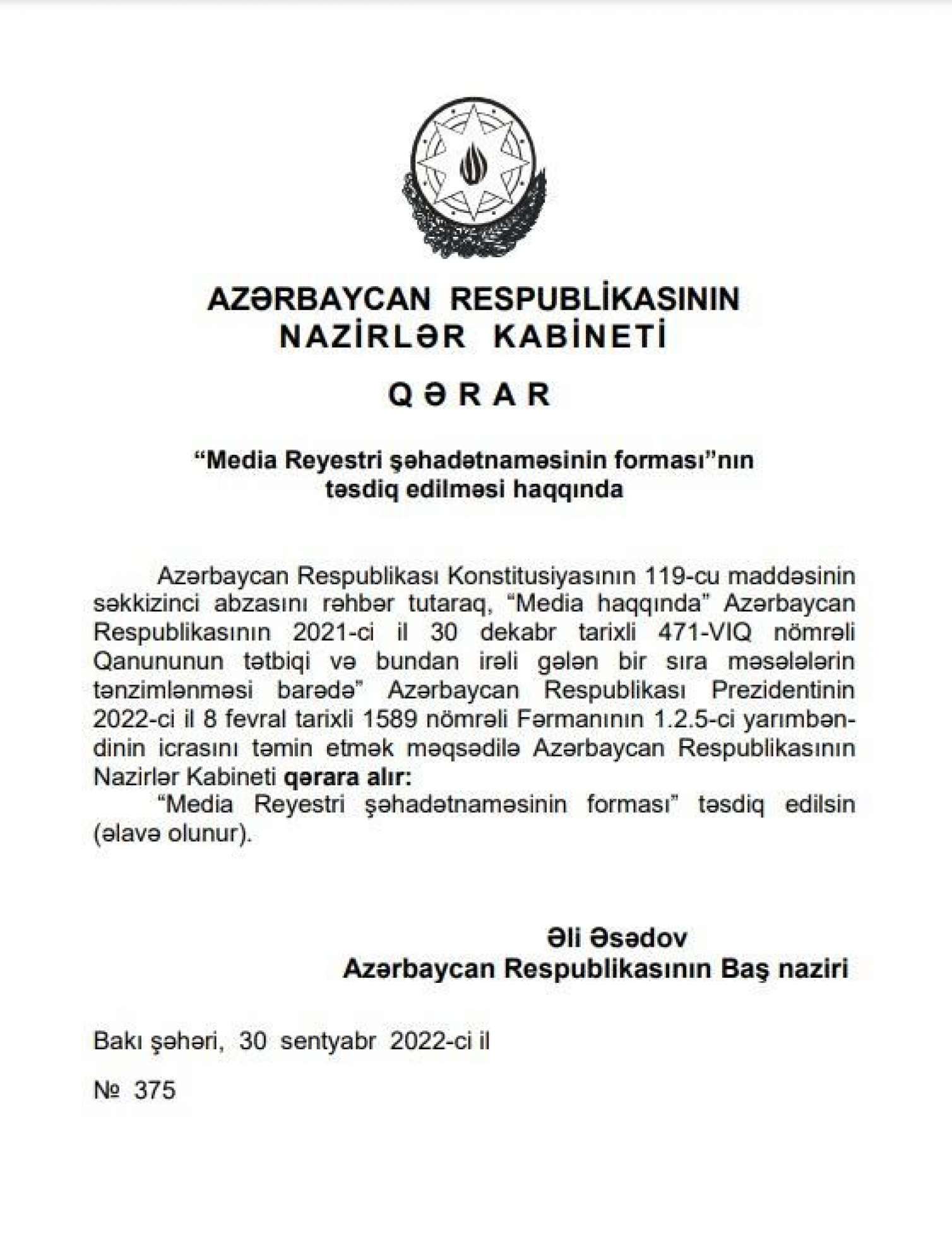 Baş nazir Media Reyestri ilə bağlı QƏRAR İMZALADI 