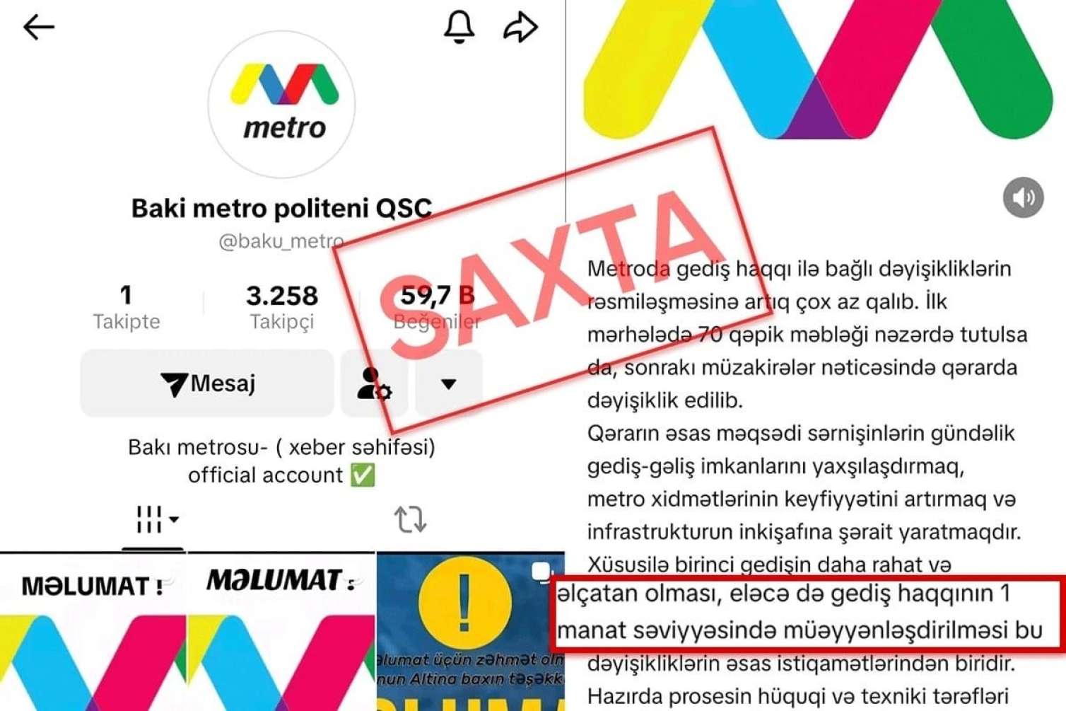 Bakı metrosunda gediş haqqının artdığını deyən SAXTA SƏHİFƏ yaradıldı, qurum HƏRƏKƏTƏ KEÇDİ 