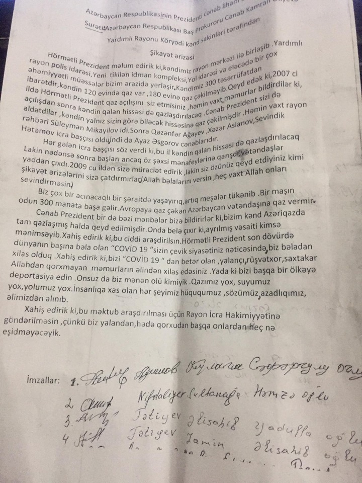 Yardımlıdan prezidentə sensasion məktub: "Qazı təkcə siz keçən əraziyə çəkdilər"  - FOTOLAR