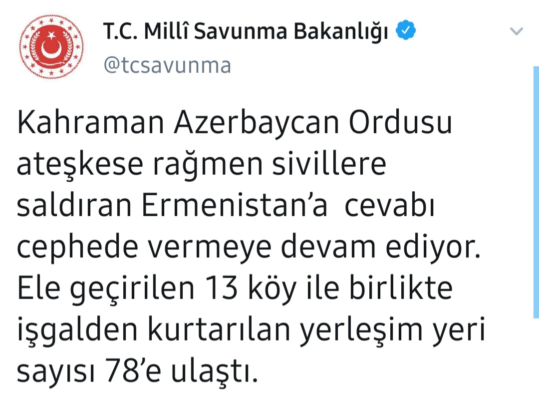 “İşğaldan azad edilmiş yaşayış məntəqələrinin sayı 78-ə çatıb”  Türkiyə MN
