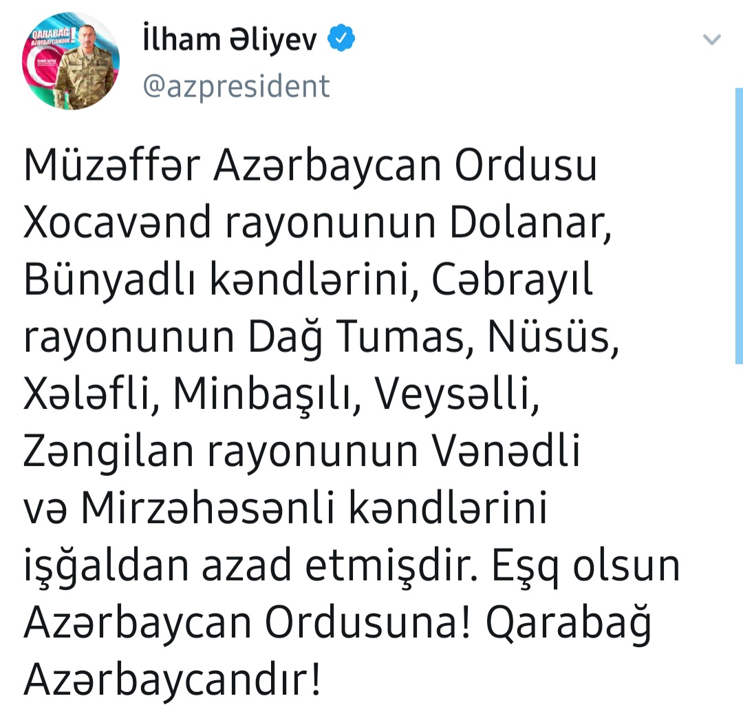 Xocavəndin 2, Cəbrayılın 5, Zəngilanın 2 kəndi işğaldan azad olundu  Rəsmi