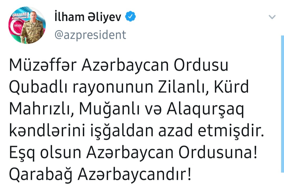 Qubadlının 4 kəndi azad edildi - Prezidentdən yeni  TVİT