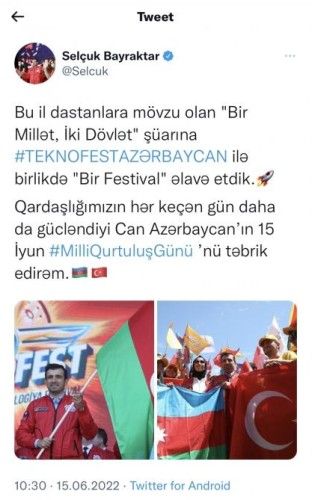 Bayraktar Azərbaycan xalqını təbrik etdi -  FOTO
