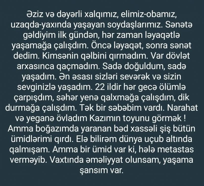 Könül Xasıyevaya xalqa müraciət etdi: "Əməliyyat üçün 254 min lazımdır" Könül Xasıyevaya xalqa müraciət etdi: "Əməliyyat üçün 254 min lazımdır"