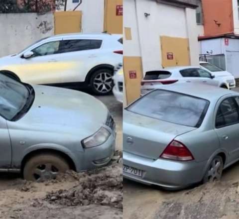 Bakıda binanın həyəti çökdü, maşın çuxura düşdü - VİDEO  
