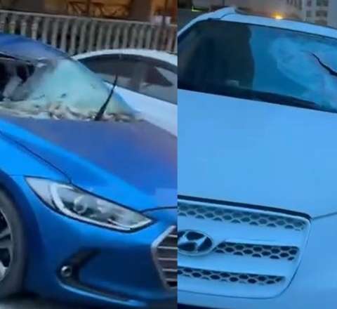 Binanın fasadı uçaraq maşınları zədələdi - VİDEO 