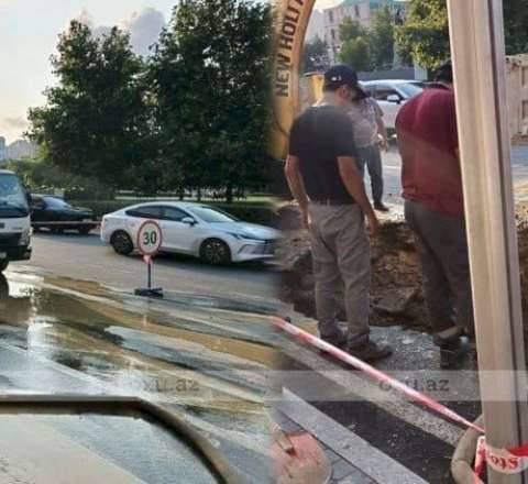 Bakının mərkəzi küçəsində su borusu partladı 