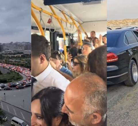 Bakıda vəziyyət belədir: uzun tıxaclar,  dolub-daşan avtobuslar – VİDEO